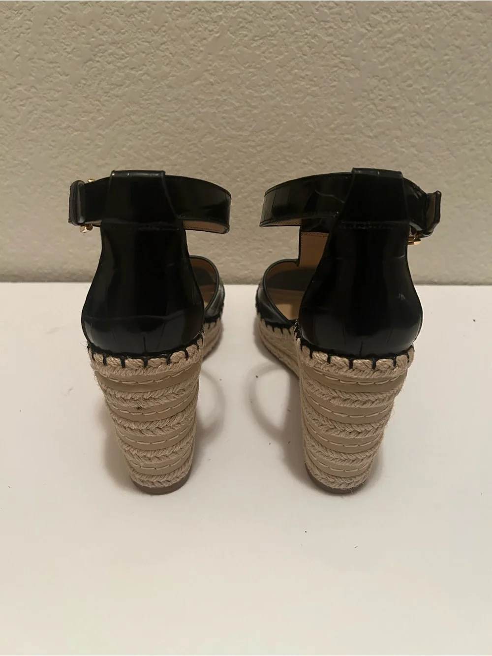 Ralph Lauren Black Patent Leather Espadrille Wedges with Gold RL Logo